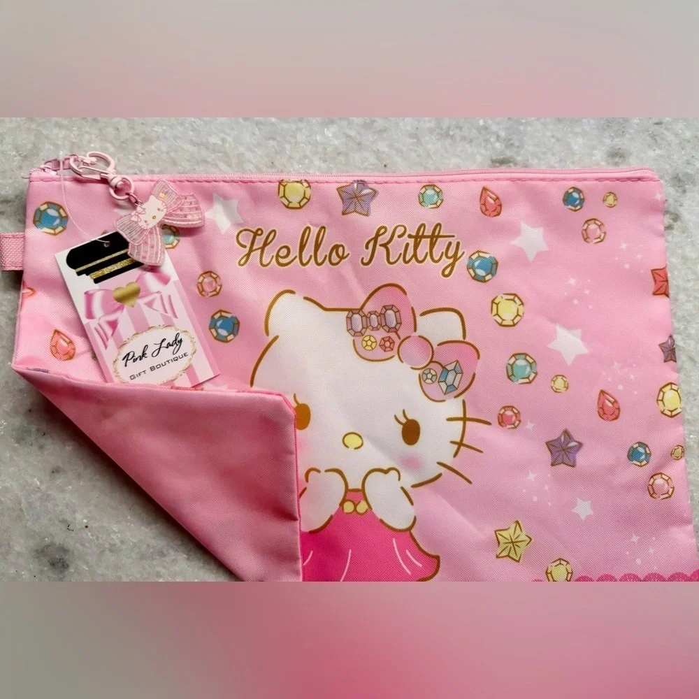 New Large Pink Hello Kitty Makeup Cosmetic Tech Pencil Bag w/ Bow Charm - 13.25”